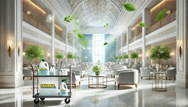 Nowoczesne lobby hotelowe z wózkiem do sprzątania i profesjonalnymi środkami czystości LAKMA, z widocznymi unoszącymi się zielonymi liśćmi i delikatnymi cząstkami zapachowymi w powietrzu, symbolizującymi świeżość i zapachy w chemii profesjonalnej, w jasny